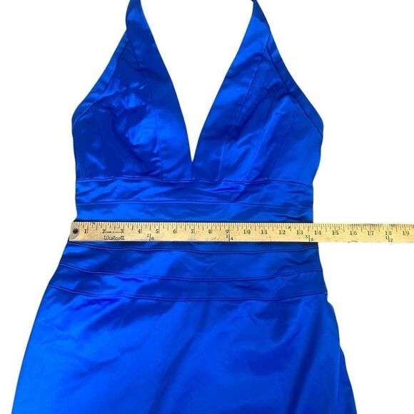 Elegant Adrianna Papell Boutique Evening maxi halter dress deep blue V neck - Picture 5 of 15